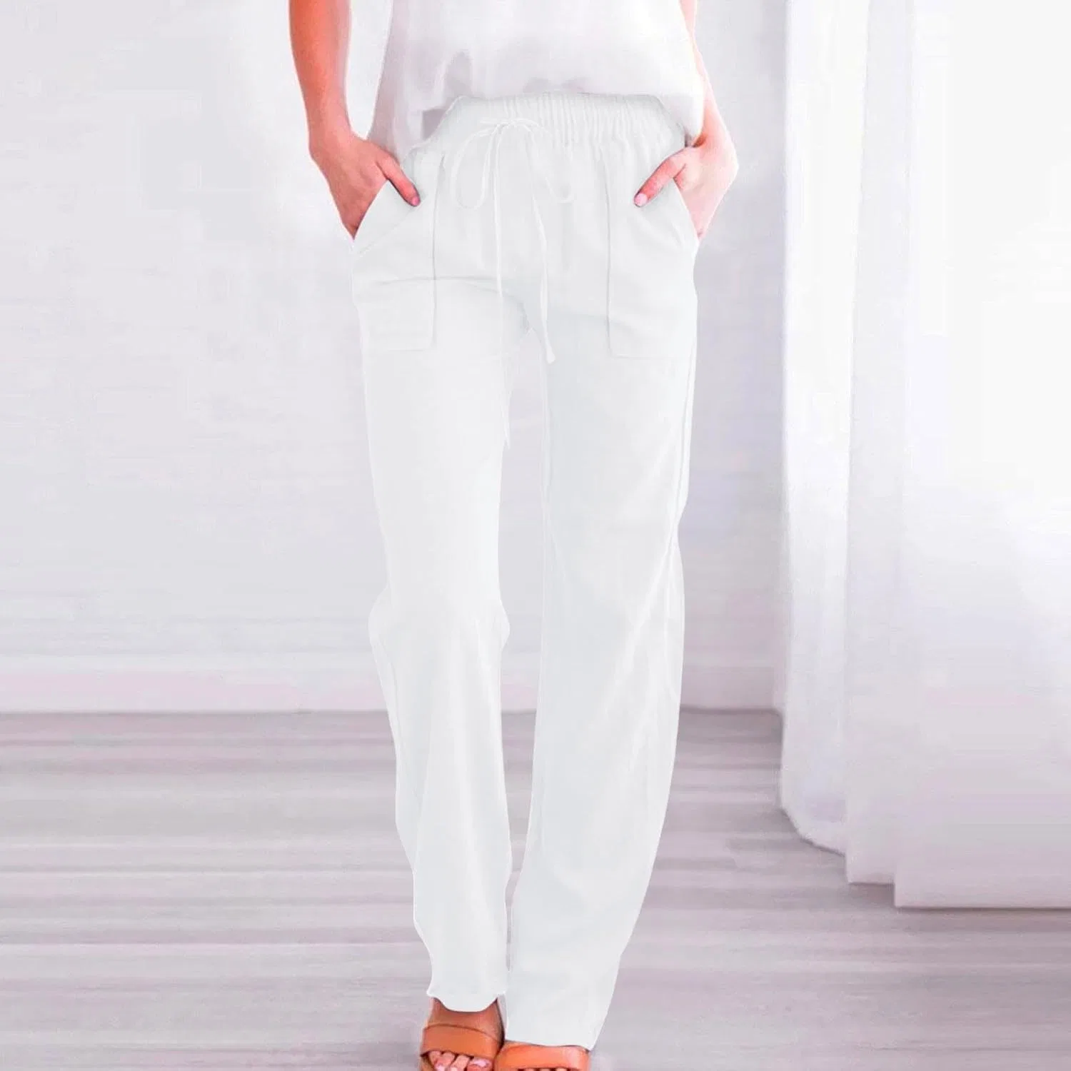 Активные брюки для женщин, Relaxed Fit, Elastic Waist, Straight Leg, Drawstring, с карманами, White — фото 2