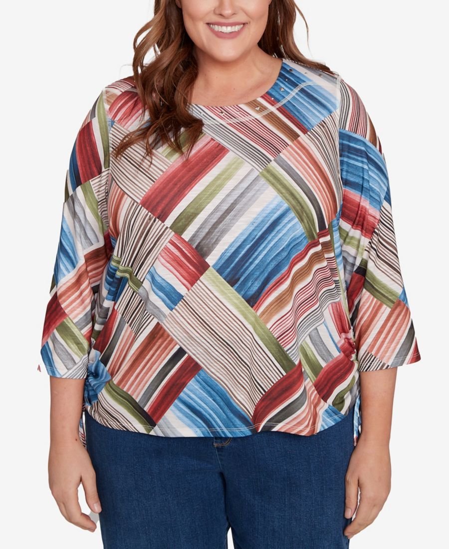 

Классический топ больших размеров в полоску с лоскутным узором и сборками по бокам Alfred Dunner, Blue Multi