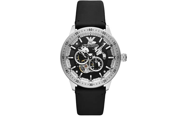 

EMPORIO ARMANI Часы Machine Wrist Watch Automatic Mechanical Movement Leather Strap Black Dial Men's Watch, Black Dial