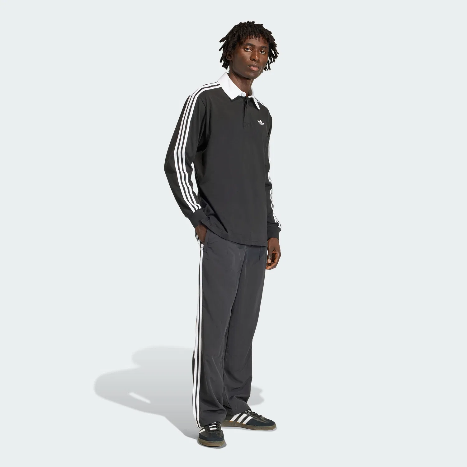 Мужская футболка поло для регби с длинным рукавом 3-Stripes, чёрная, от Adidas — фото 3