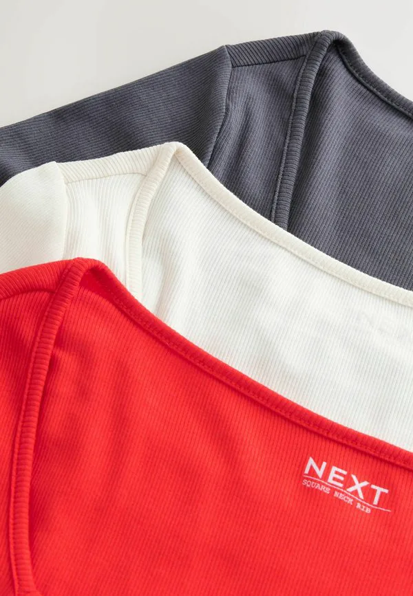 Комплект из 3 футболок стандартного кроя с квадратным вырезом, ребристой текстурой и длинными рукавами. Next, Grey Ecru Red — фото 3
