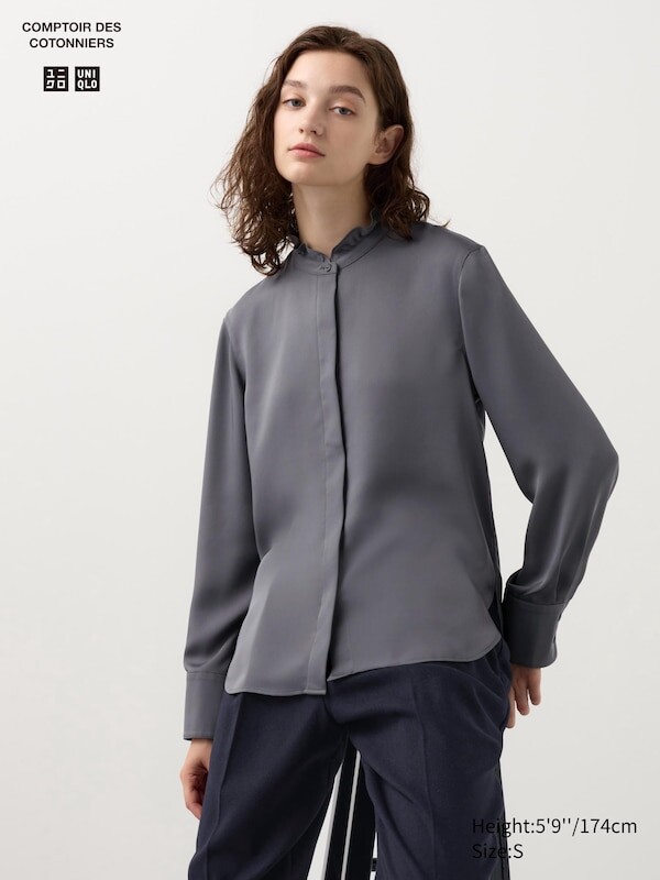 

Атласная блузка с оборками Uniqlo, серый