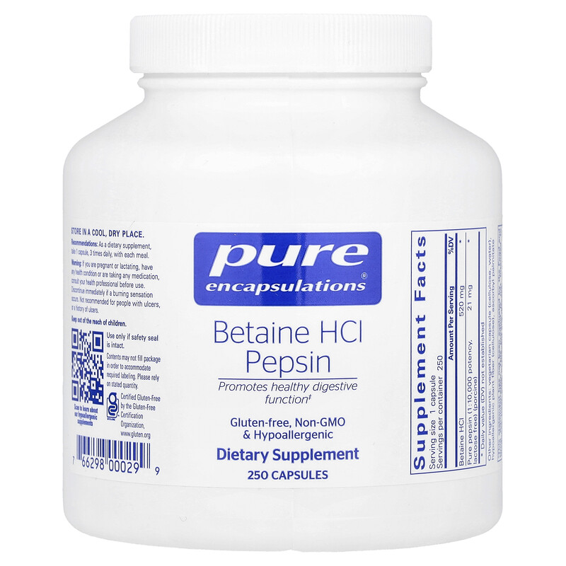 

Pure Encapsulations, Бетаин гидрохлорид, пепсин, 250 капсул