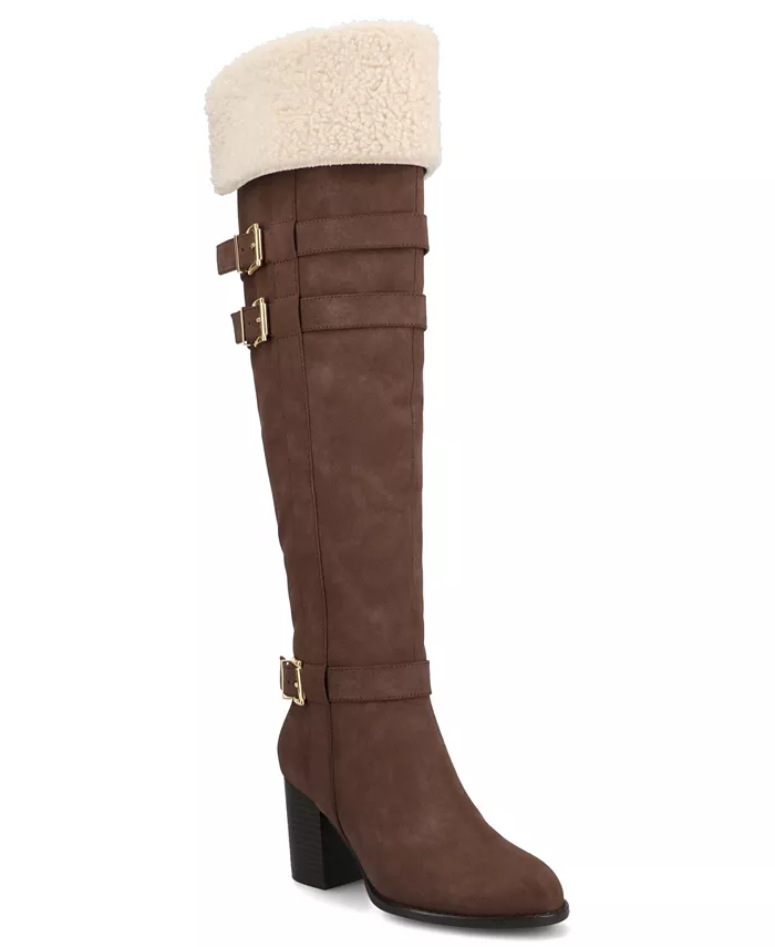 Journee Women's Alyza Ботинки до колена с пряжкой, внутренней молнией, миндальным мысом, комфортной подкладкой из шерпи Journee Collection, коричневый