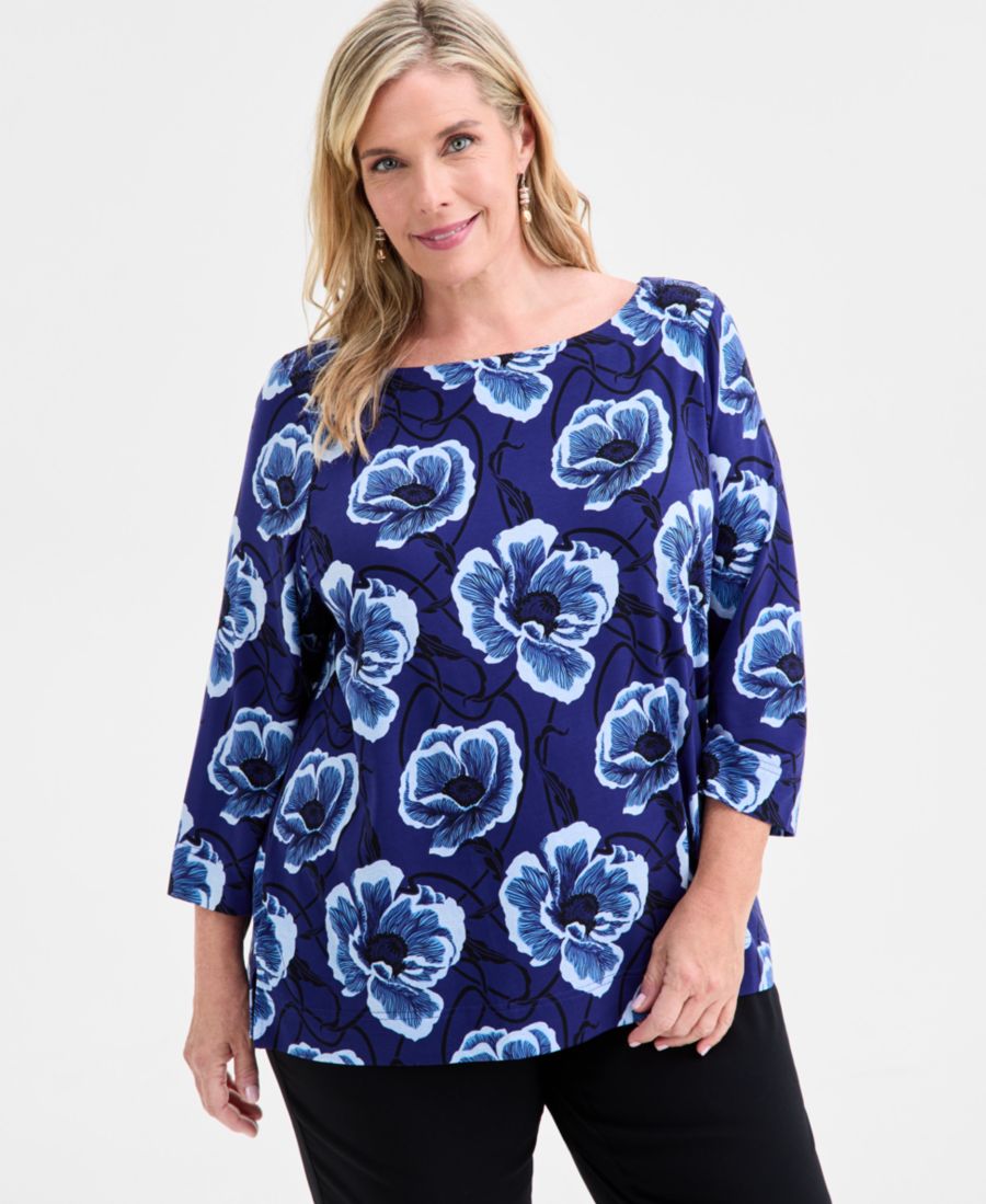 

Топ большого размера с принтом и рукавами 3/4, эксклюзивно представлен в Macy's JM Collection, Bright Saphire Combo