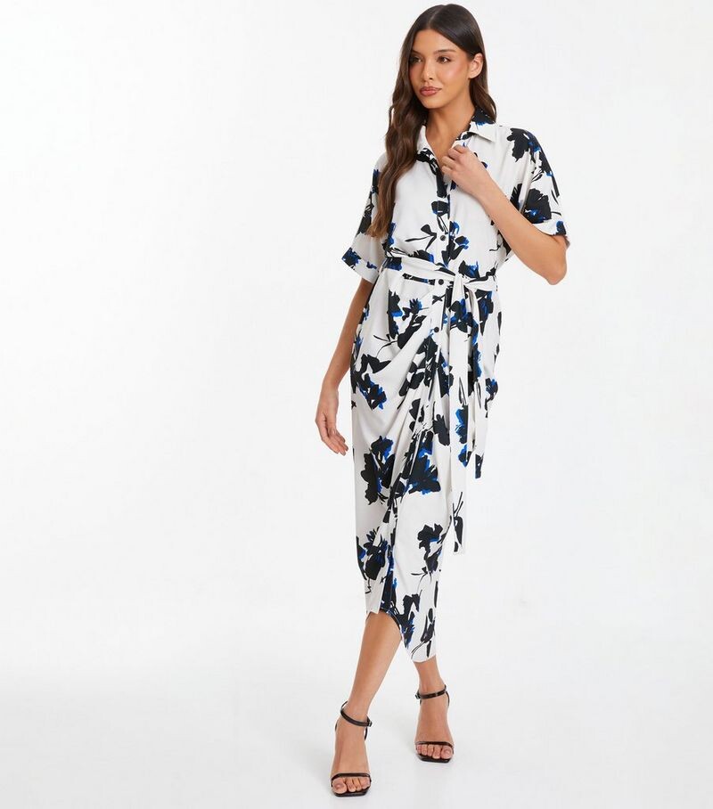 

Белое платье-миди из крепа-рубашки с цветочным принтом QUIZ QUIZ, мультиколор