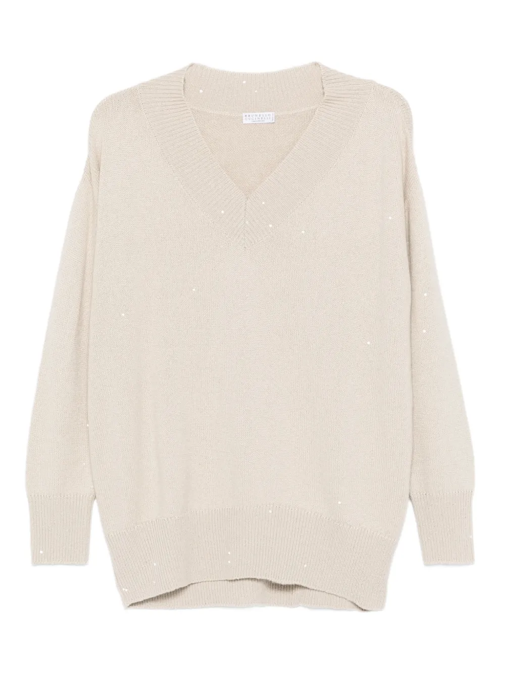 

Джемпер с V-образным вырезом и отделкой Brunello Cucinelli, нейтральный