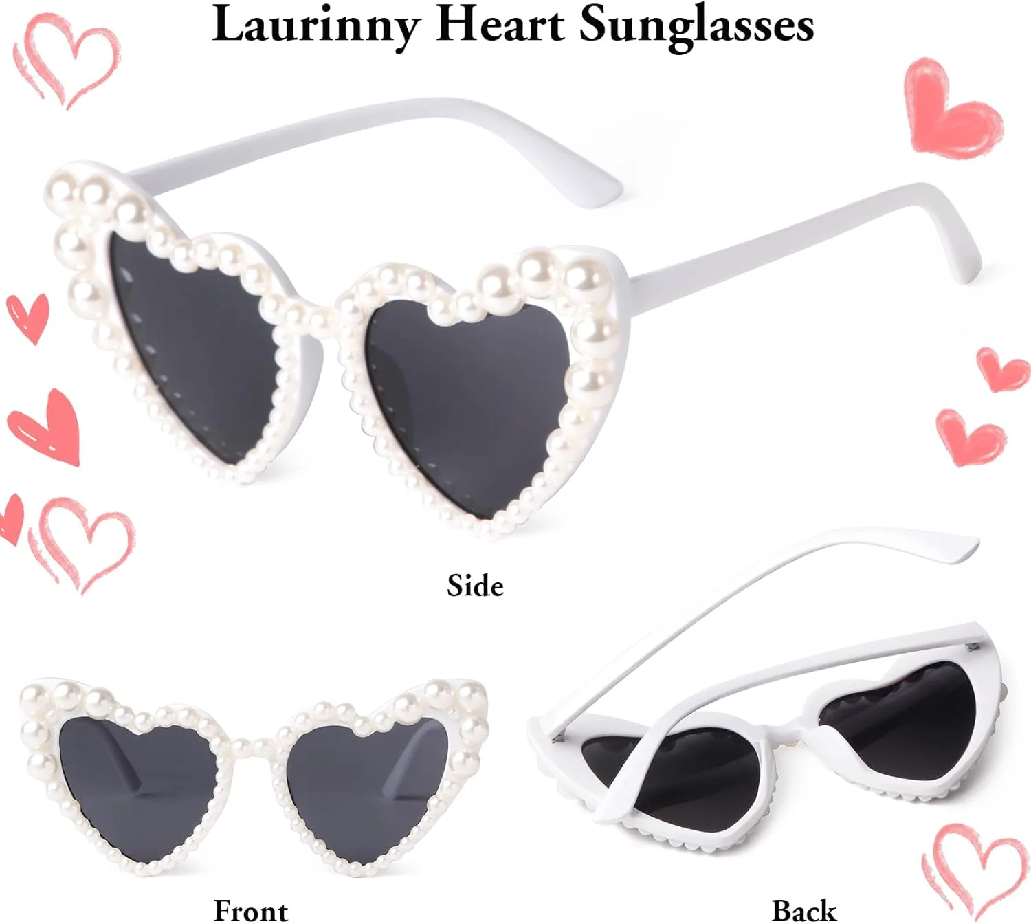

Солнцезащитные очки в форме сердца для женщин, модные жемчужные солнцезащитные очки «кошачий глаз» в форме сердца для вечеринок и путешествий Laurinny, White/Grey