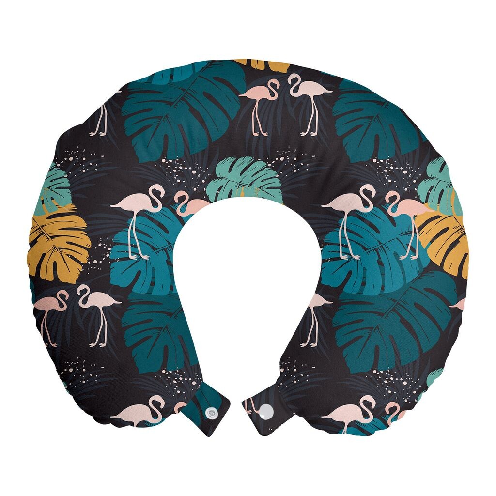 

ABAKUHAUS Safari дорожная подушка для шеи, Flamingos Tropic Monstera, пенопластовый дорожный предмет для самолета и автомобиля, 30x30 см, индиго и многоцветный