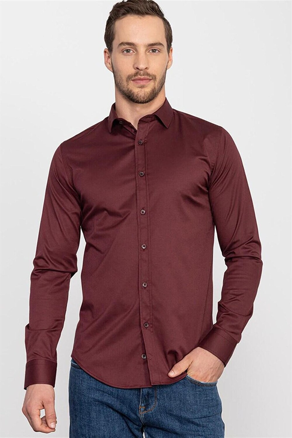 

Мужская рубашка Slim Fit из лайкры и хлопка, атласа, бордового красного цвета TUDORS