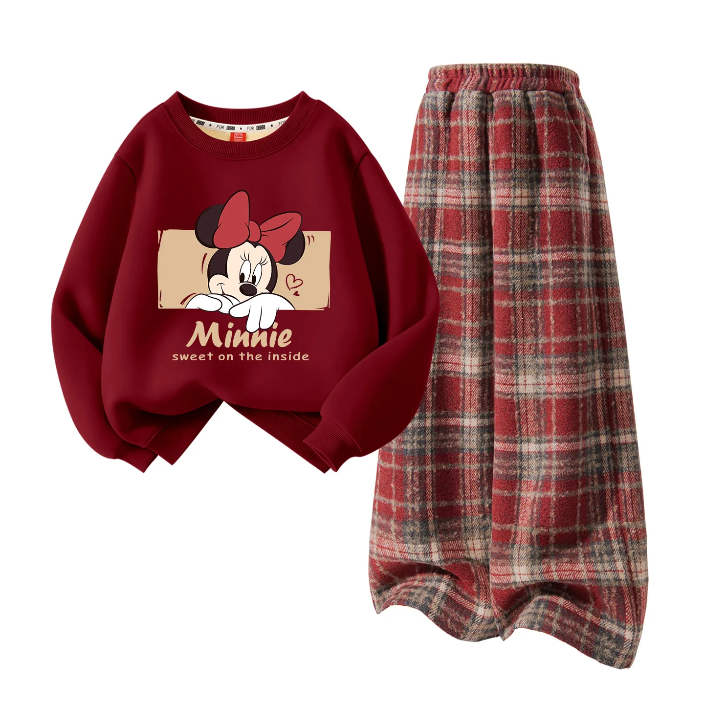 Детский спортивный комплект Casual Sportswear из 2 предметов Disney, [Thickened and Fleece-Lined]Di-Duo Burgundy+Solid Color Red Plaid