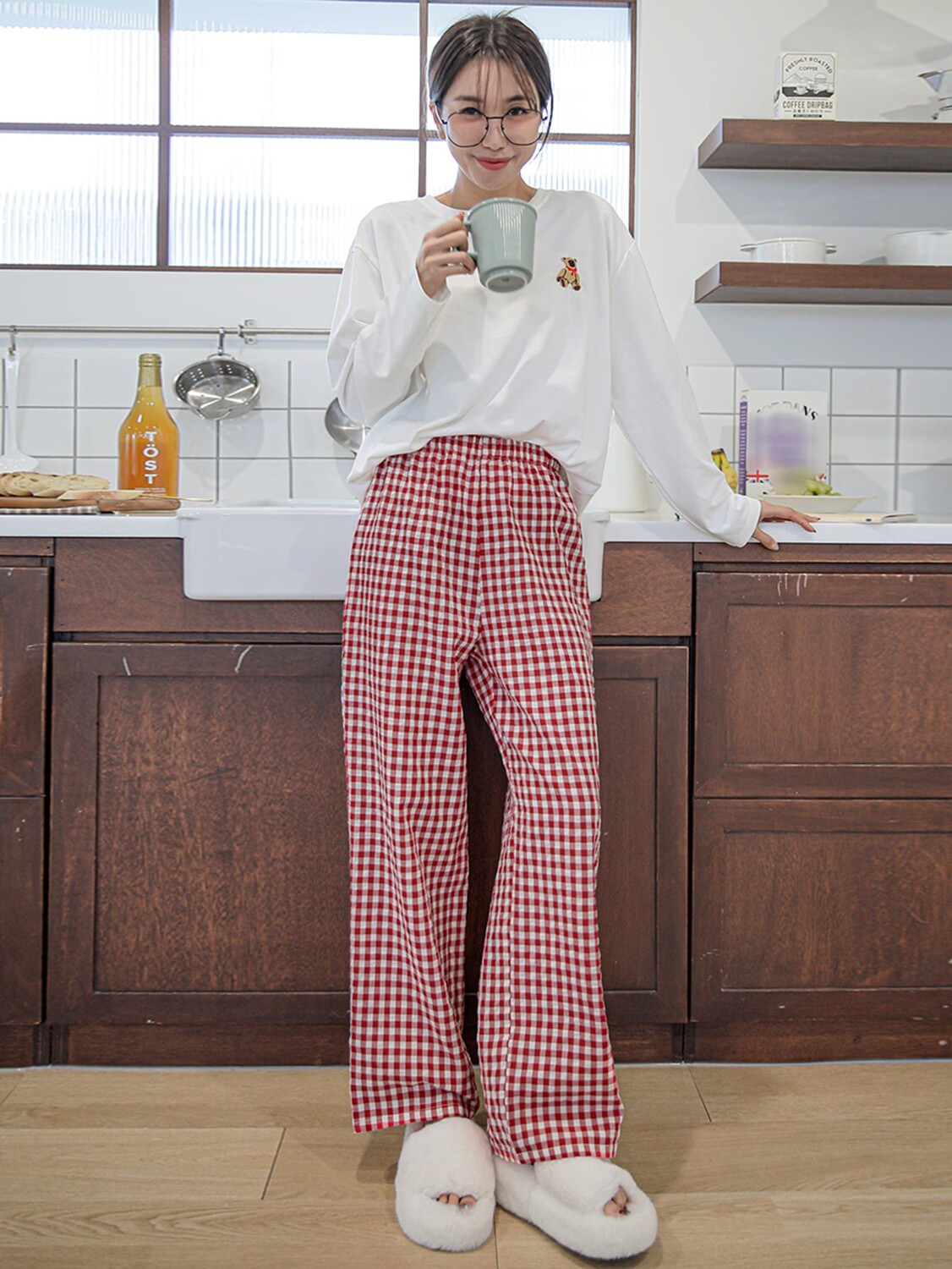 

Пижамный Комплект с рисунком медведя и клетчатой ​​ткани Dazy, красный/белый