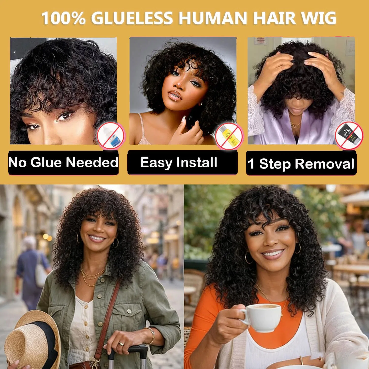 Кудрявый парик из человеческих волос с челкой Glueless Wear and Go Aiqi Hair, Natural Black — фото 3