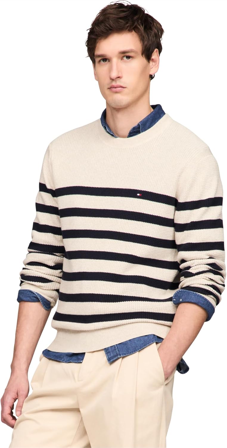 

Мужской свитер Tommy Hilfiger с вафельной вязкой и круглым вырезом, легкий пуловер, также доступен в размерах для больших и высоких женщин., Oatmilk Htr / Desert Sky