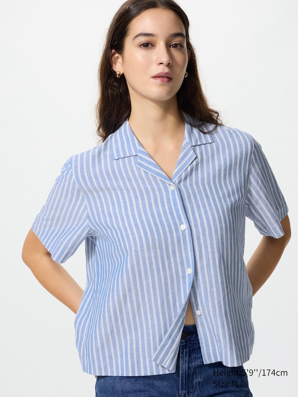 

Рубашка из смесового льна с открытым воротником, короткий рукав (в полоску) Uniqlo, 64 blue