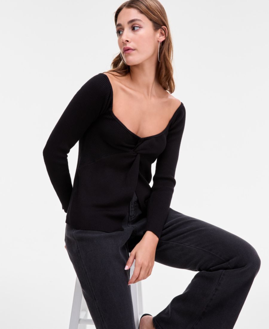 

Женский трикотажный свитер с перекрученным передом в рубчик Bar III, Deep Black