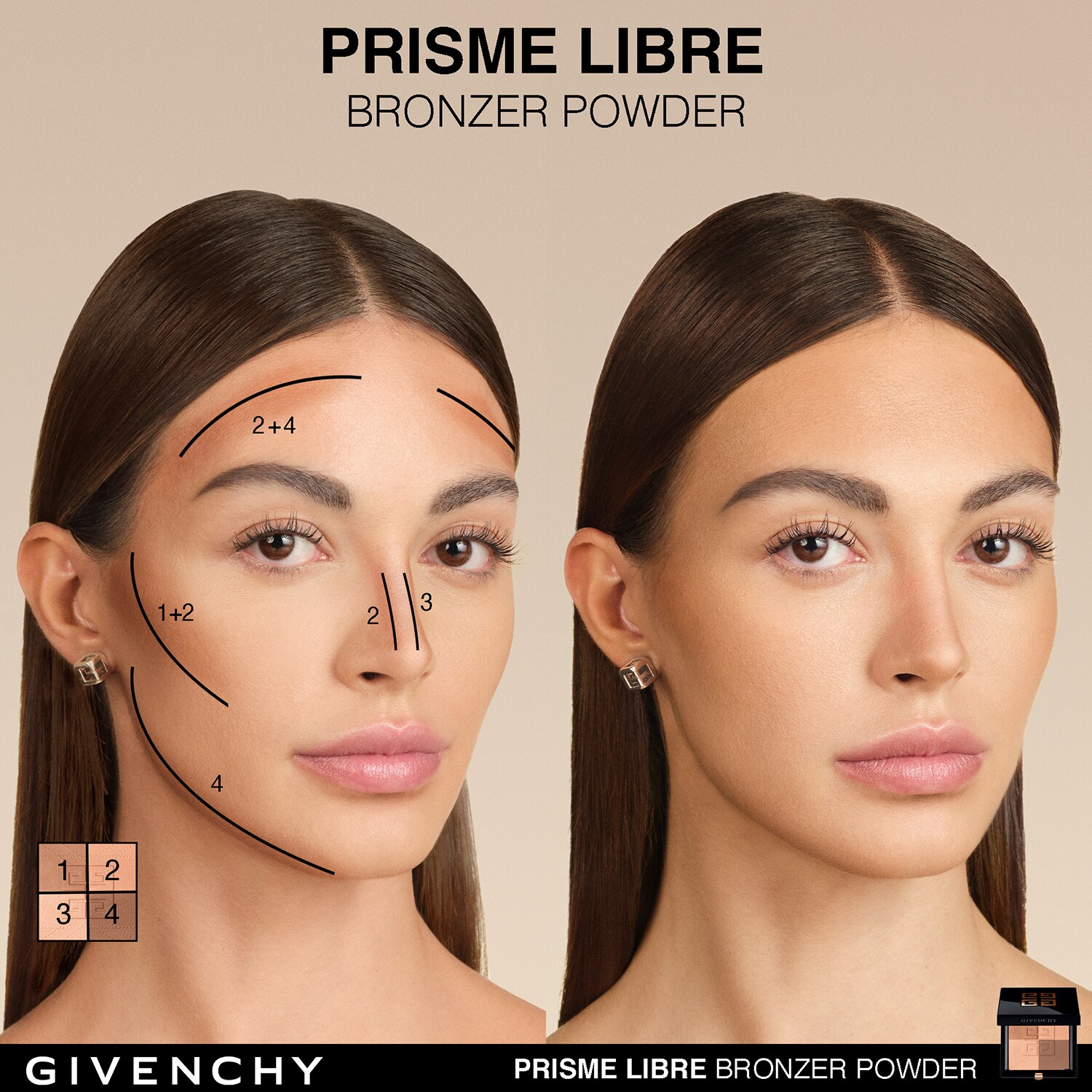 Бронзерная пудра Prisme Libre - 4-цветная бронзирующая и скульптурирующая пудра Givenchy, N002 - Popeline Bronzée (7 g) — фото 4
