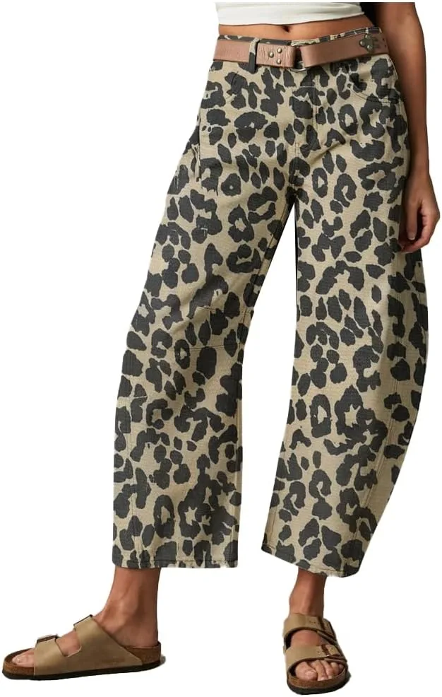 

Винтажные брюки barrel для женщин, мешковатые, с цветочным принтом, mid rise, широкие, faux denim, укороченные MAKALALA