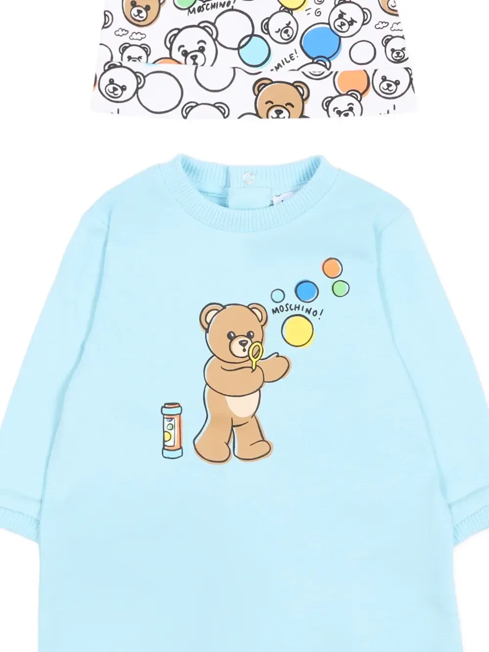 Комплект из комбинезона, шапки и нагрудника с принтом Moschino Kids, синий — фото 3