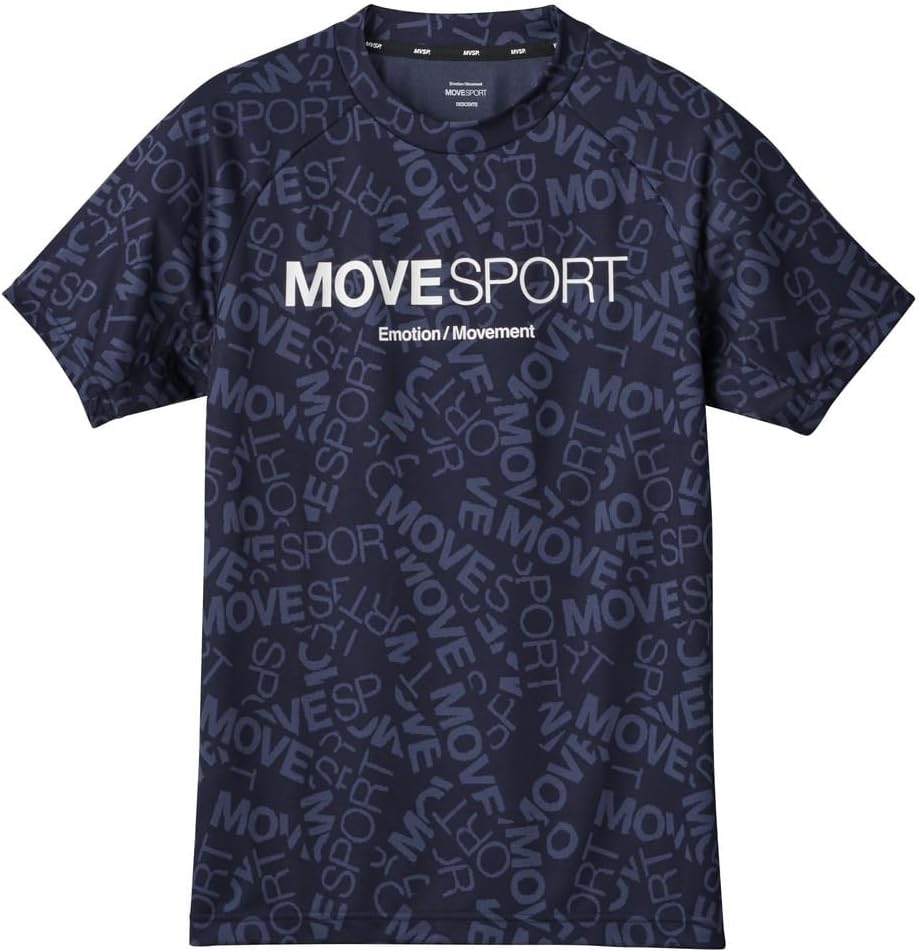 

Мужская футболка Move Sports Descente с жаккардовым принтом и культовым логотипом, короткий рукав, эластичная, влагоотводящая, быстросохнущая, рукав реглан, темно-синий
