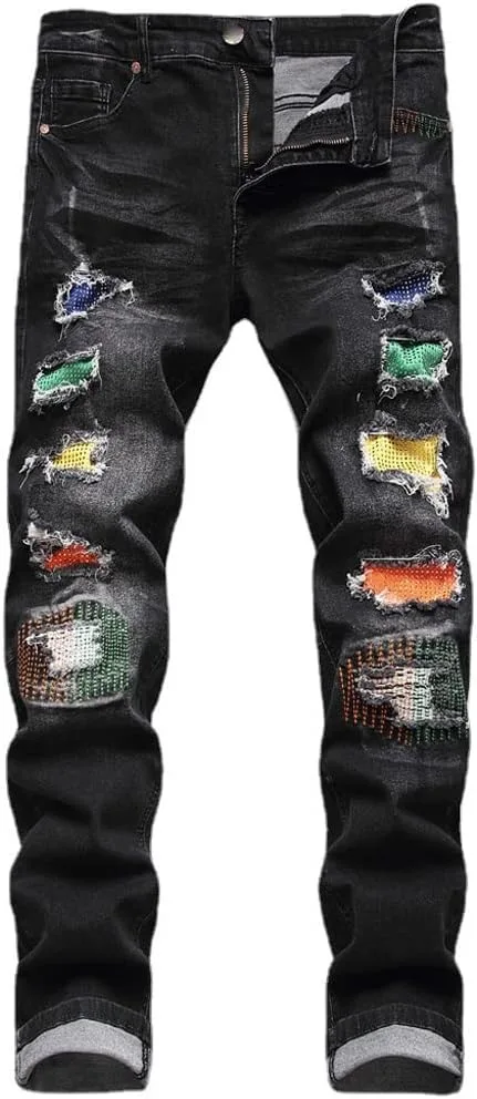 

Мужские джинсы Crystal Stretch Denim с рваными деталями и цветными заплатками SIDUFHAOPKLL