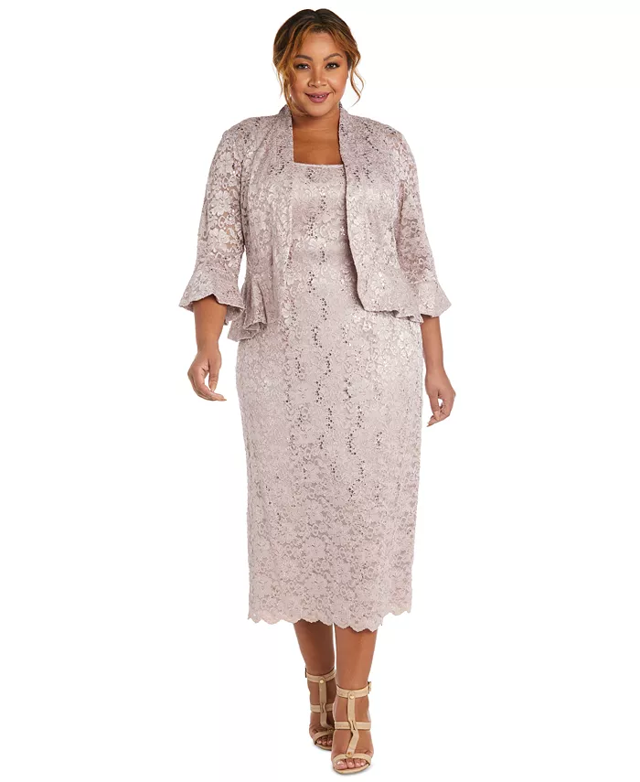 

Платье с кружевом и жакет с рюшами Plus Size R & M Richards, розовый
