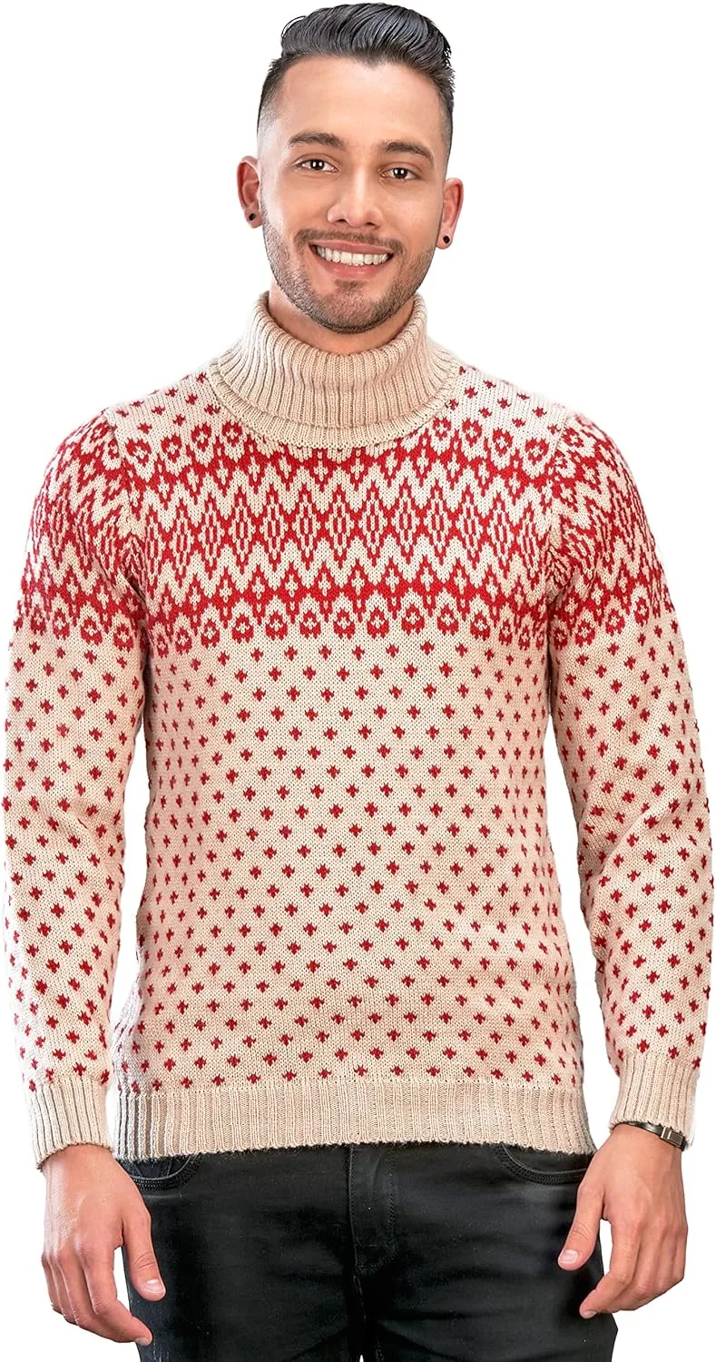 

Мужской водолазный свитер для рождественского сезона — зимний джемпер из красной и бежевой альпаки INTI ALPACA