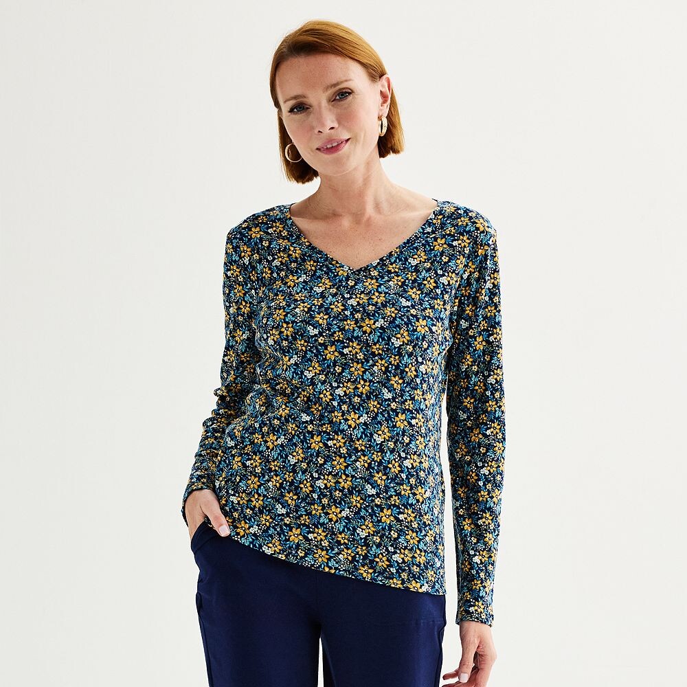 

Женская футболка Croft & Barrow Essential с длинными рукавами и v-образным вырезом, цвет Navy Vintage Floral