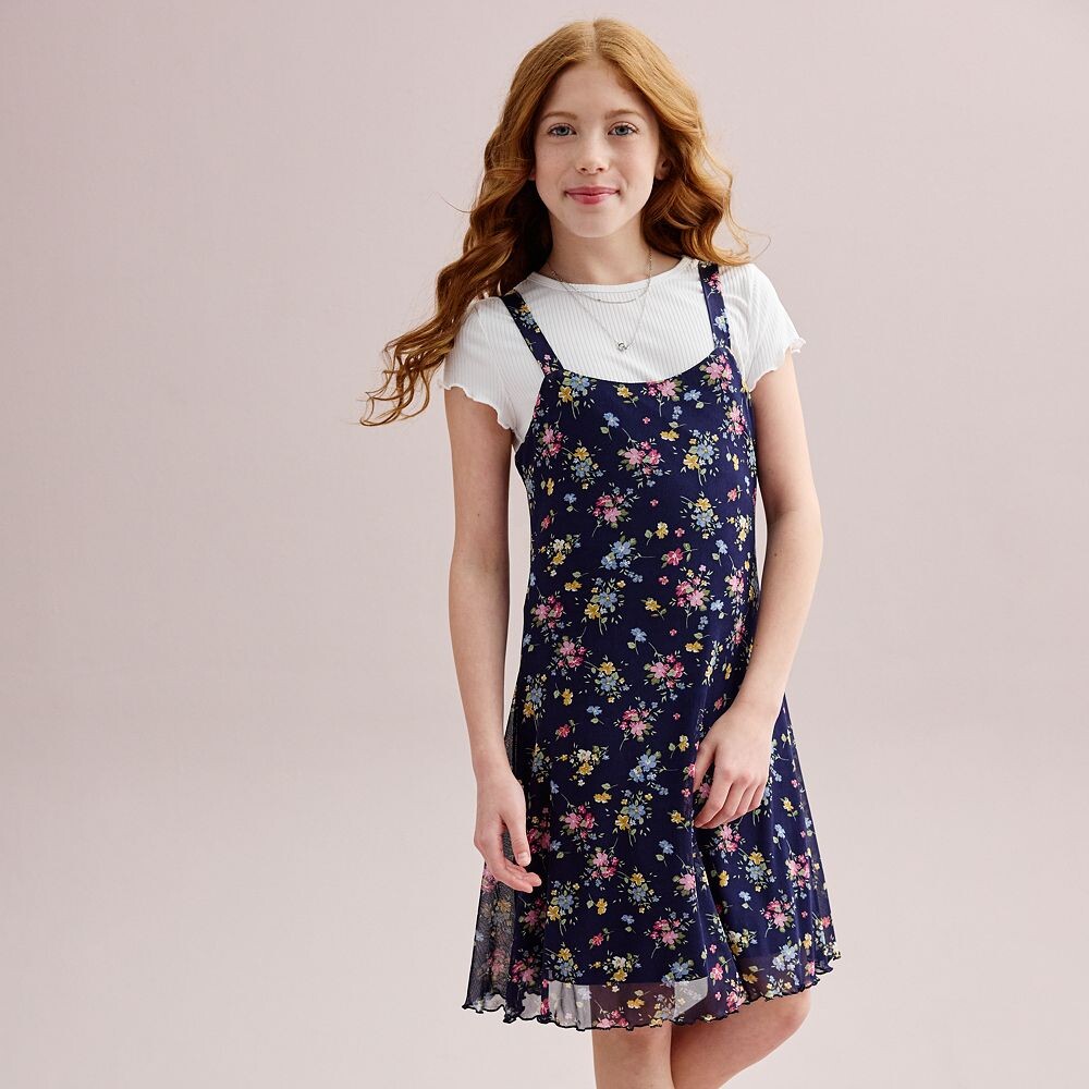 

Комплект из 3 предметов Knit Works для девочек 7–16 лет: платье-комбинация из сетки Power, футболка с короткими рукавами и ожерелье, темно-синий