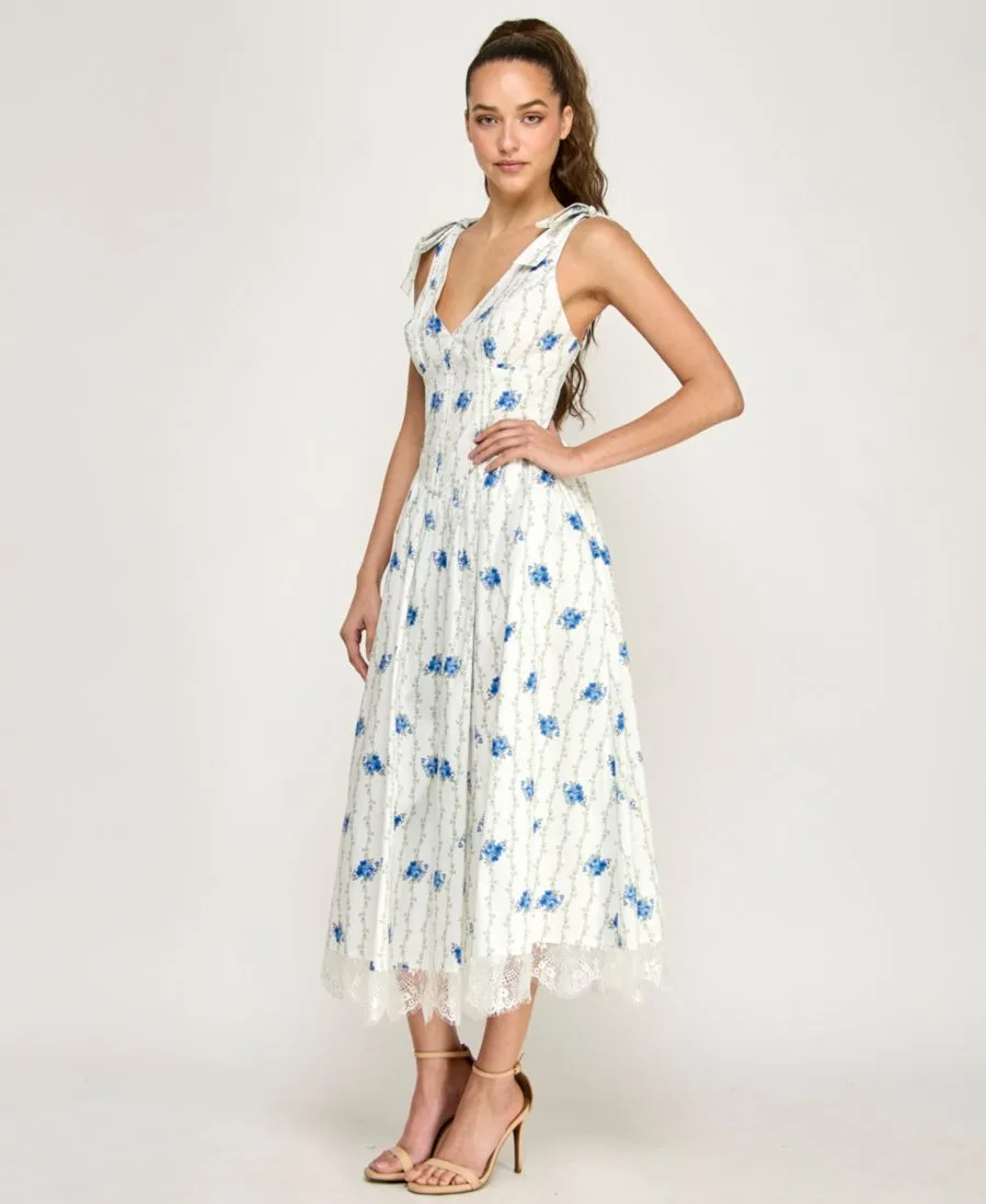 Детское миди-платье с завязками на плечах, цветочным принтом и V-образным вырезом Alex & Sophia, off белый мультиколор — фото 2