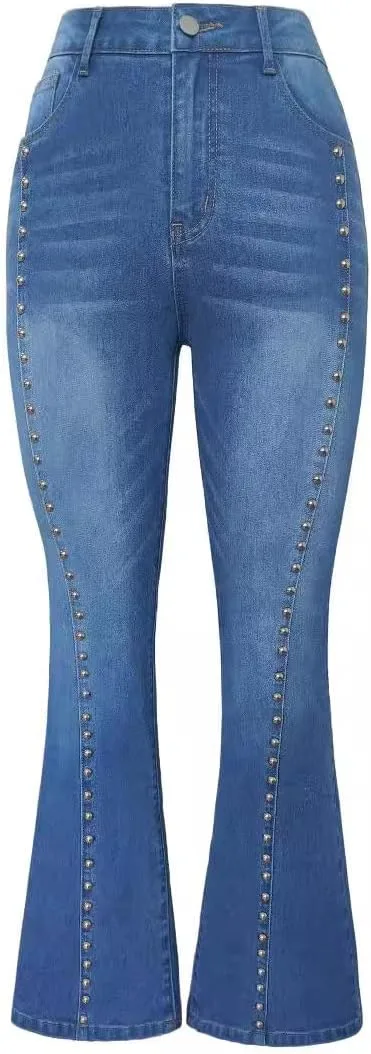 Женские джинсы Slim Fit с заклепками, зауженные к низу, High Waisted, Stretch, Plus Size