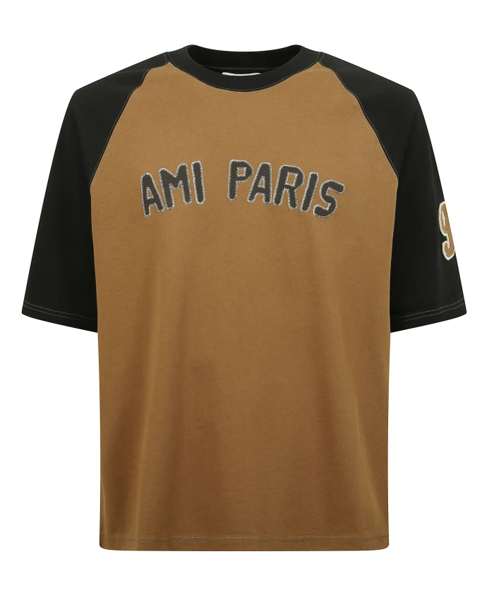 

Двухцветная хлопковая футболка с круглым вырезом Ami Paris, коричневый