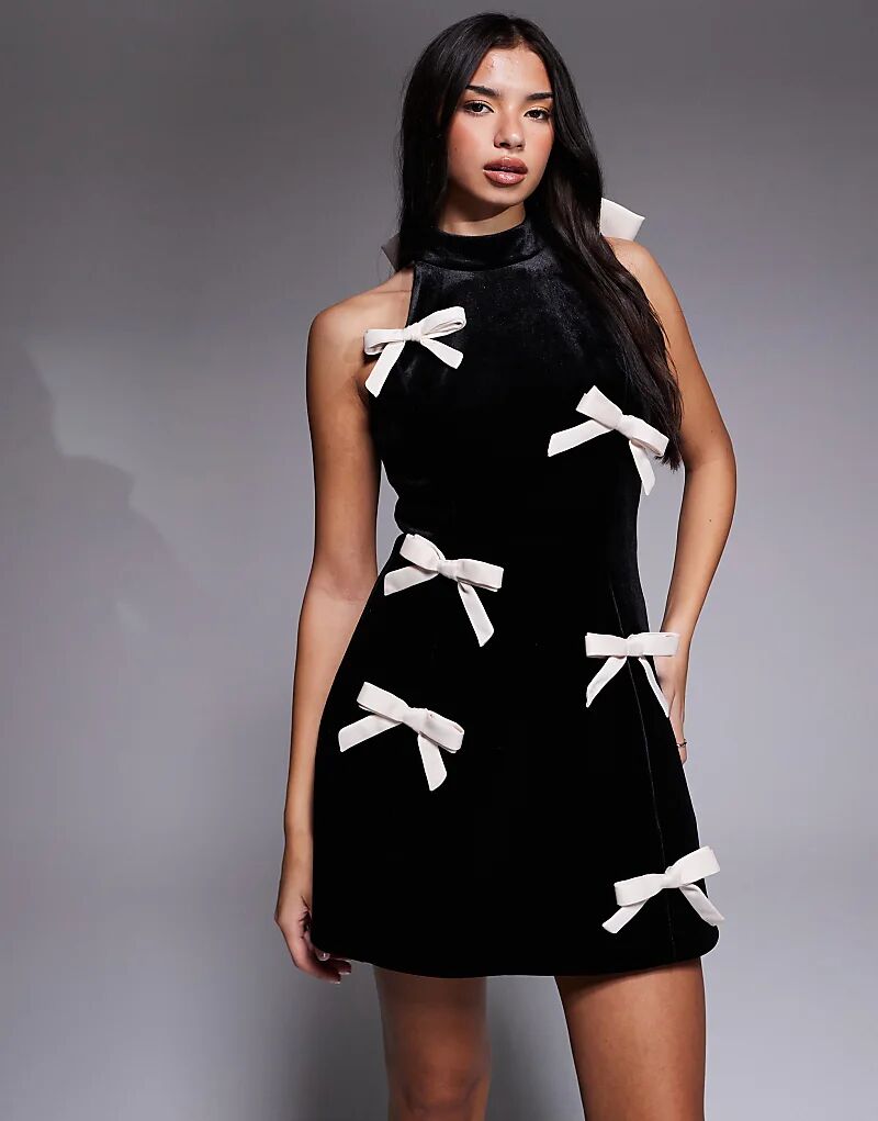 

Бархатное мини-платье ASOS LUXE с высоким воротом и бантами черного цвета