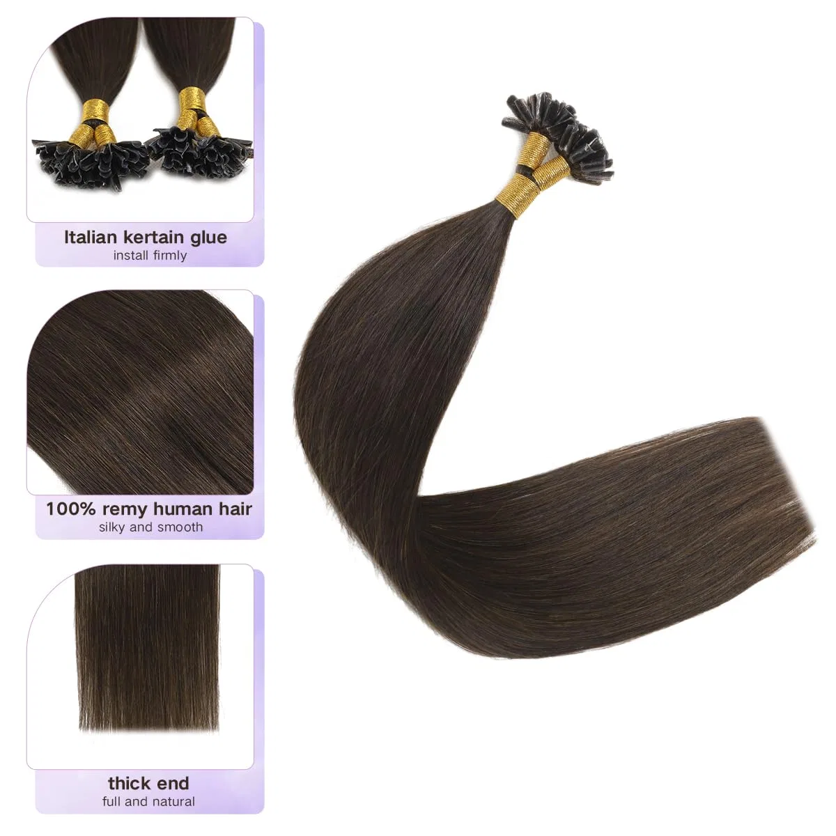 Натуральные волосы Sindra Keratin для наращивания U-Tip Sindra, #2 Dark Brown — фото 2
