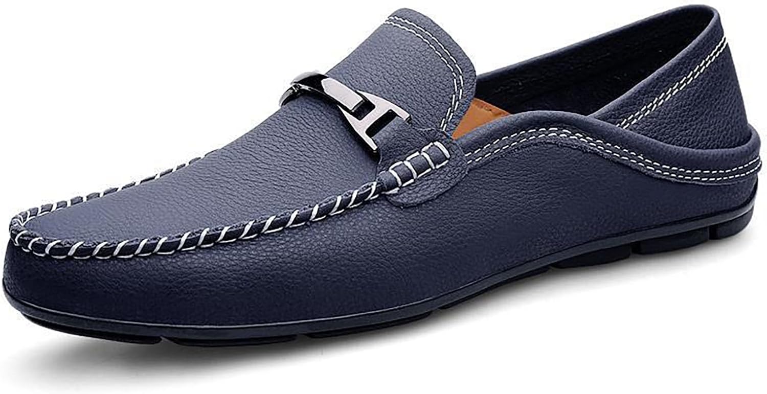 

Мужские кожаные слипоны NXNBHSL с металлической отделкой, повседневные туфли-лодочки с круглым носком, легкие мокасины, деловые и повседневные обувь, синий