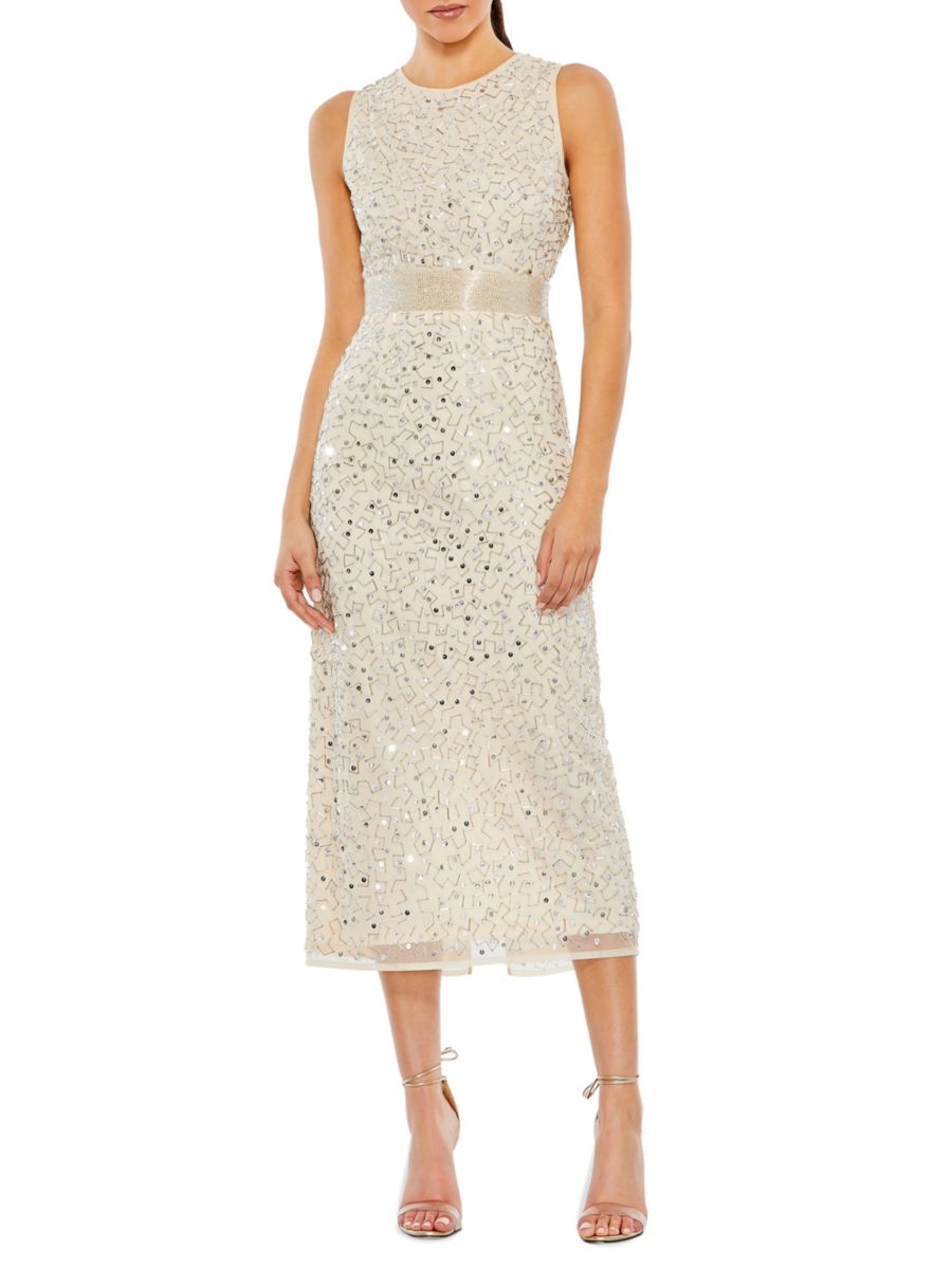 

Платье-футляр миди с бисером и пайетками Mac Duggal, цвет Beige Silver