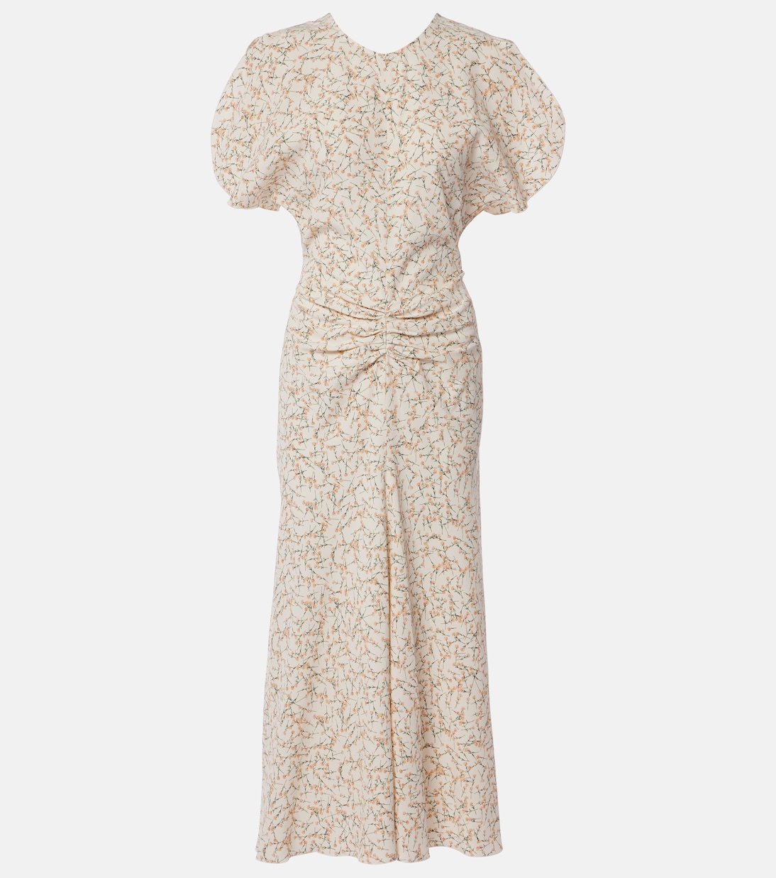

Платье миди с цветочным принтом и сборками Victoria Beckham, Floral Ovation Peach