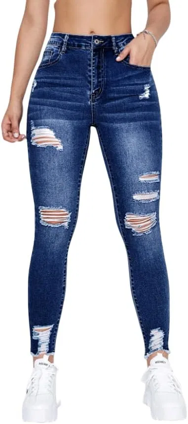 Женские джинсы скинни Mom Fit с высокой талией, потертостями и карманами, стрейч деним, силуэт curvy, для повседневной носки Generic, Darkw#1