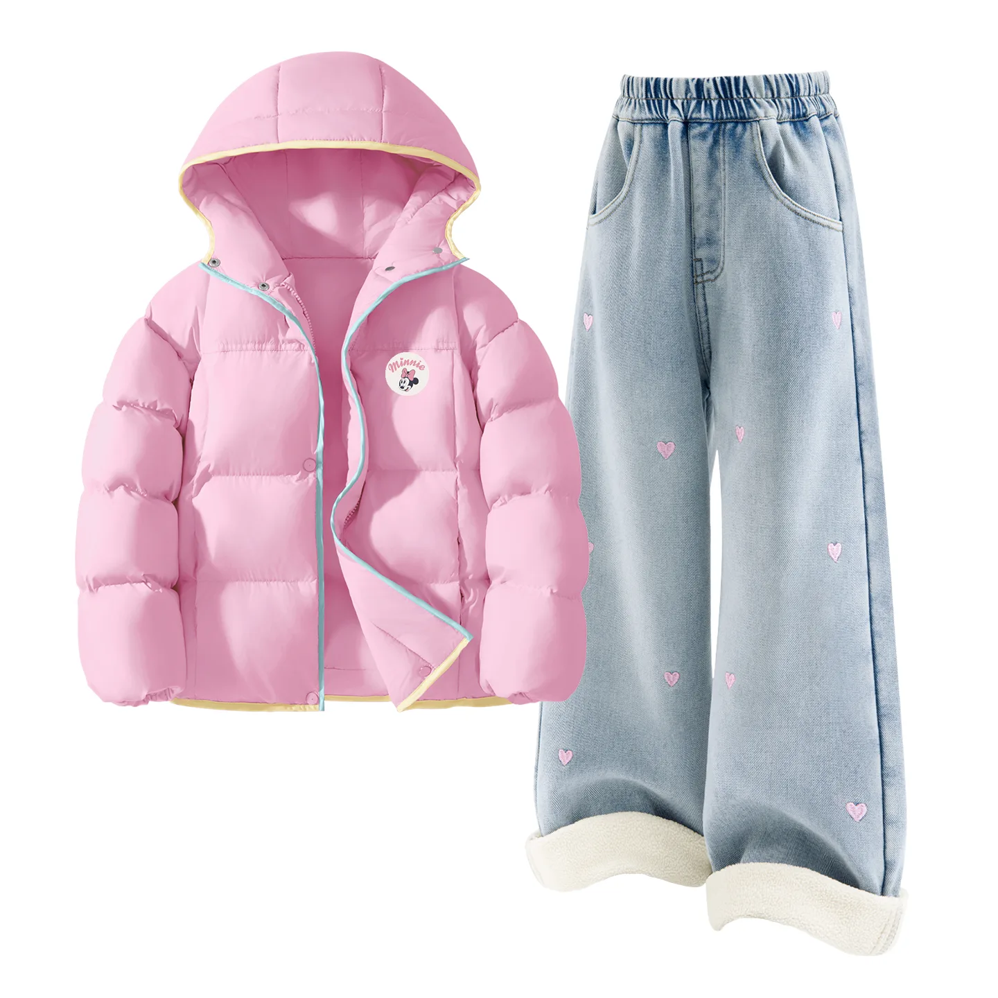 Детский спортивный костюм с круглым вырезом Disney, [Thickened and Fleece-Lined]Dini Round Hook-and-Loop K Honey Powder+Solid Color Denim Light Blue