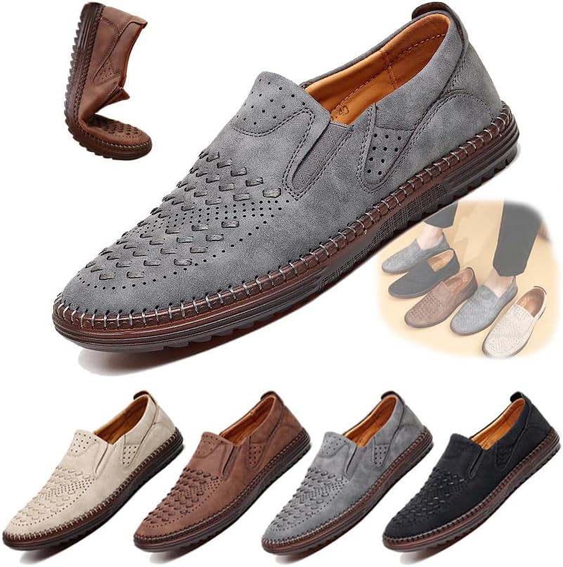

Мужские дышащие кожаные лоферы-слипоны, повседневные сетчатые туфли с мягкой резиновой подошвой, легкие удобные балетки для летнего комфорта Generic, серый