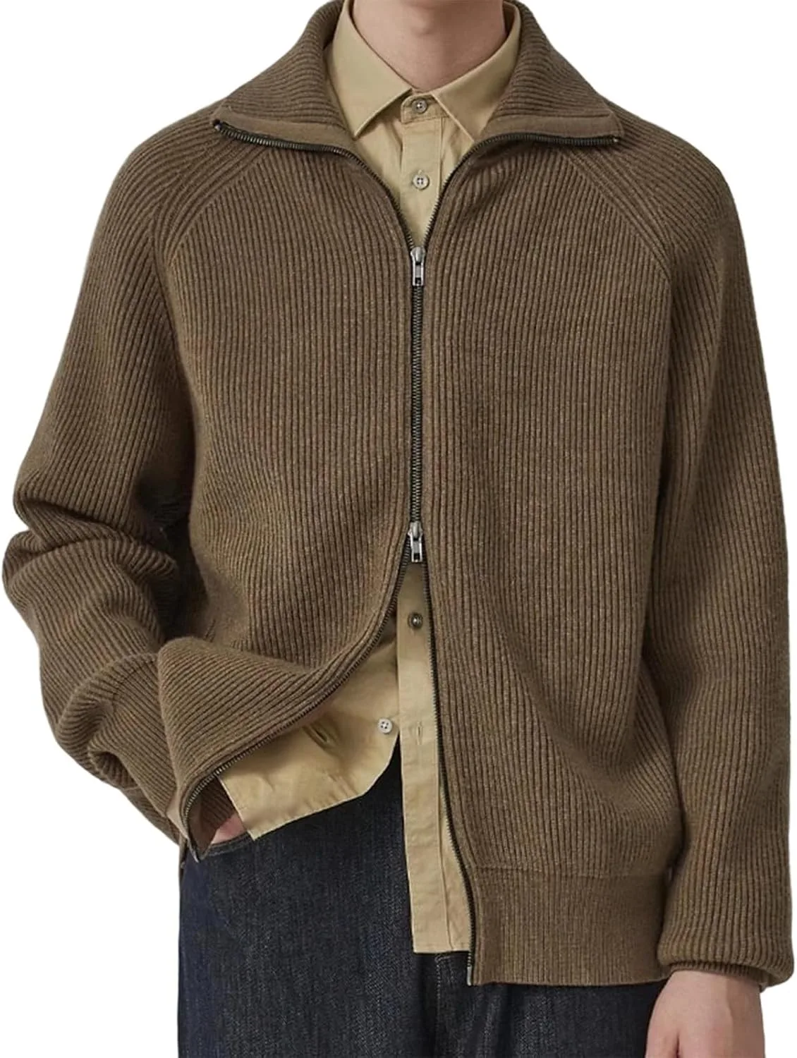 

Мужской кардиган на молнии свободного кроя с лацканом и регланными рукавами