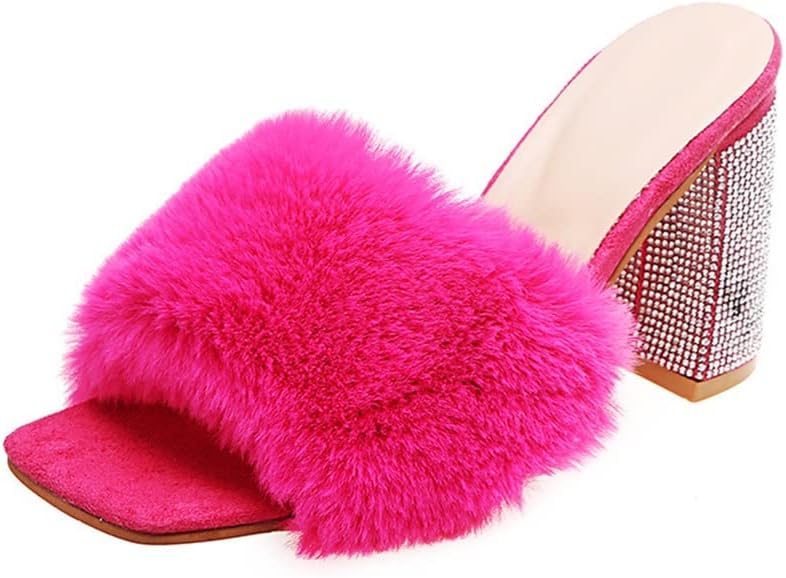 HOTRA Women Fluffy Chunky Heel Slippers with Rhinestone Open Toe Slip On Сандалии Shoes (Color : Rose Red, Size : 12 US), розовый