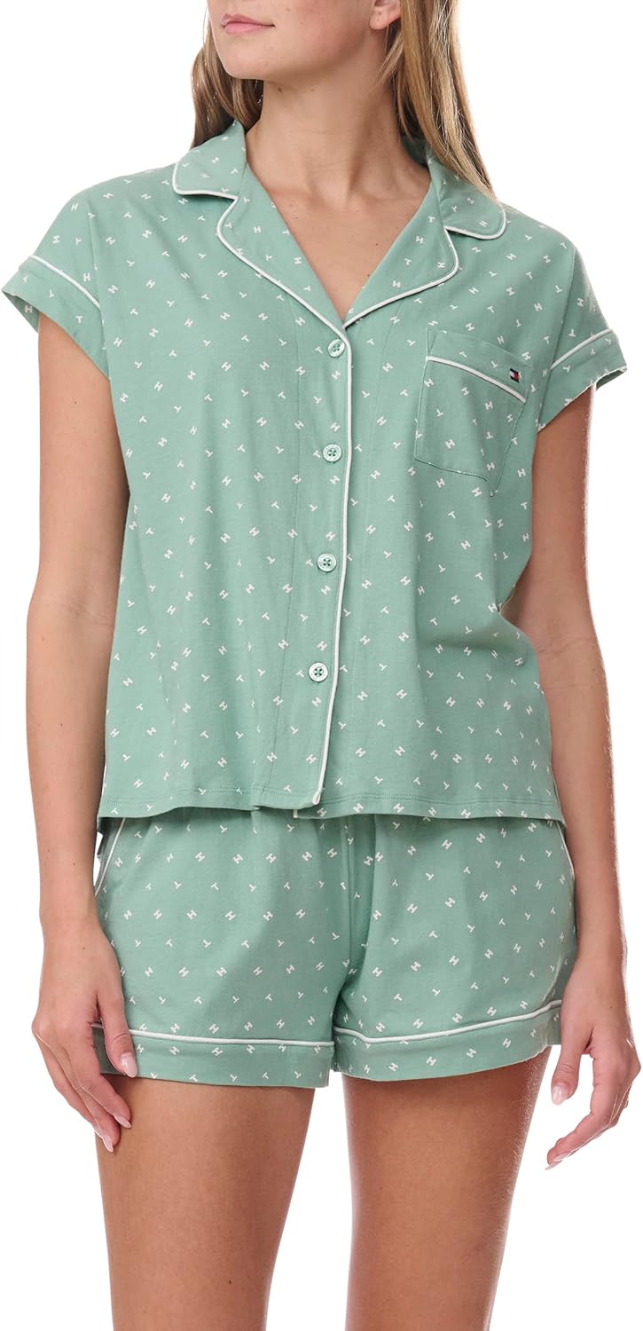 

Женский пижамный комплект Tommy Hilfiger Girlfriend с короткими рукавами и шортами, Th Allover/Fort Green