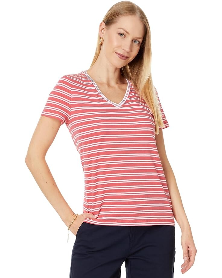 

Футболка Tommy Hilfiger Double Stripe Vneck Tee, цвет Sherbet Combo
