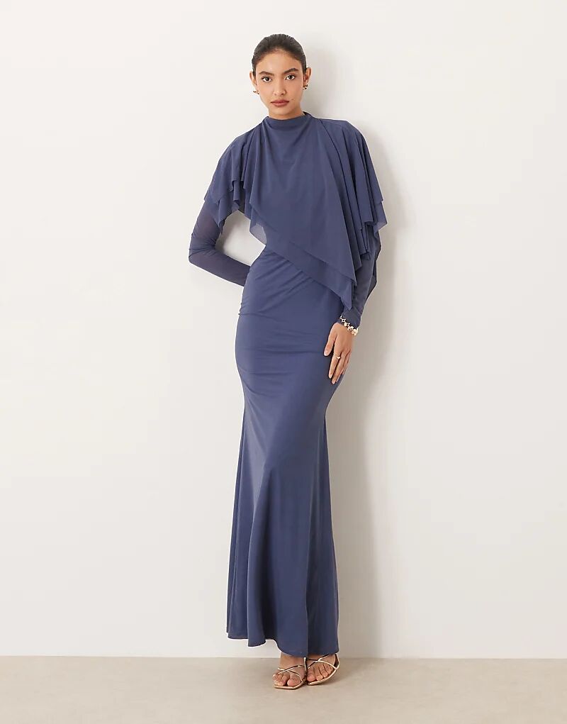 

Платье макси из эластичного шифона с накидкой ASOS DESIGN синего цвета