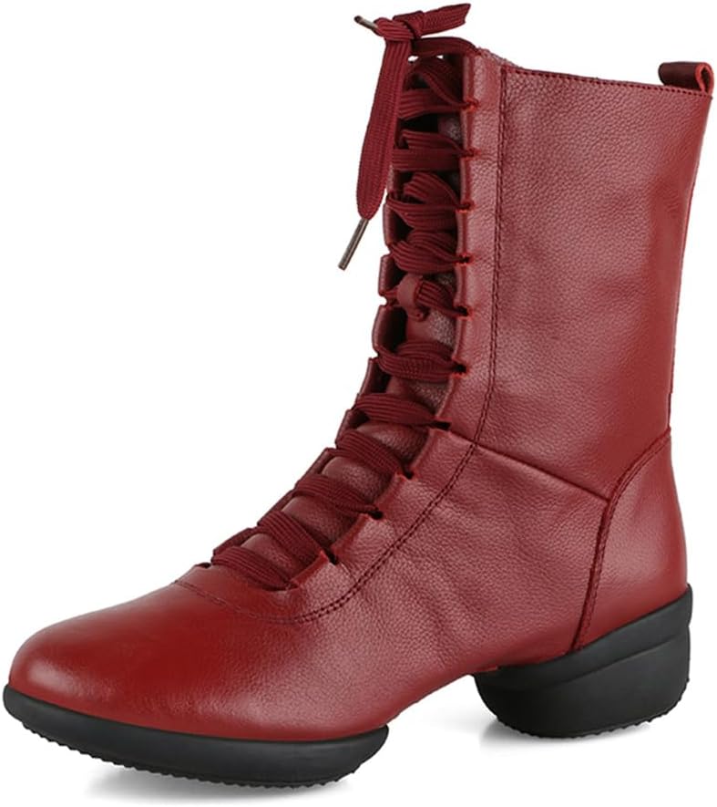 

Джаз-балетные ботинки, кружевные танцевальные кроссовки для женщин, кожаные высокие туфли для бальных выступлений Veacam, красный