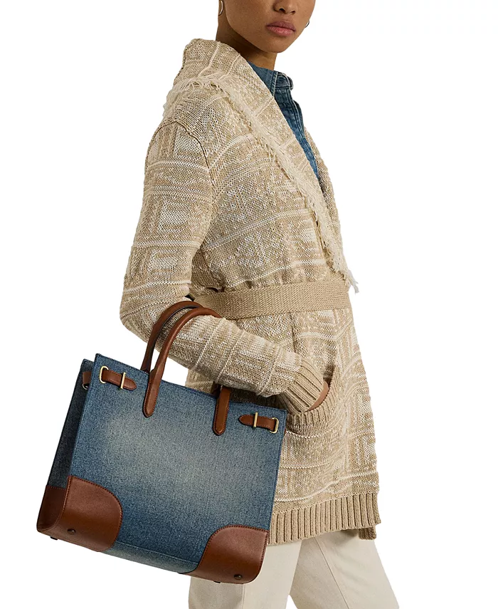 

Девен Деним с кожаной отделкой средняя сумка-тоут Lauren Ralph Lauren, синий