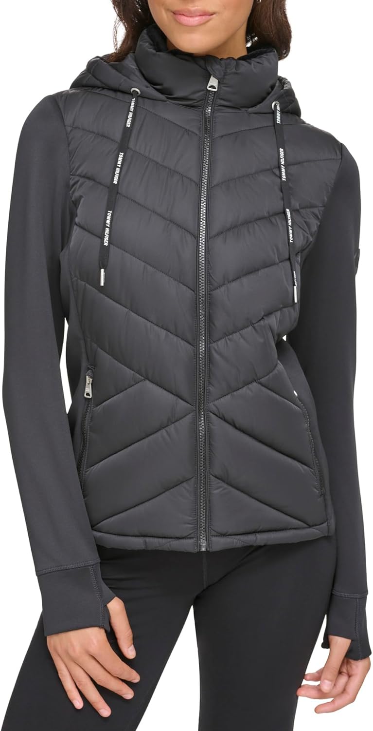 

Женская гибридная куртка-пуховик Tommy Hilfiger с капюшоном и отверстиями для больших пальцев, Black