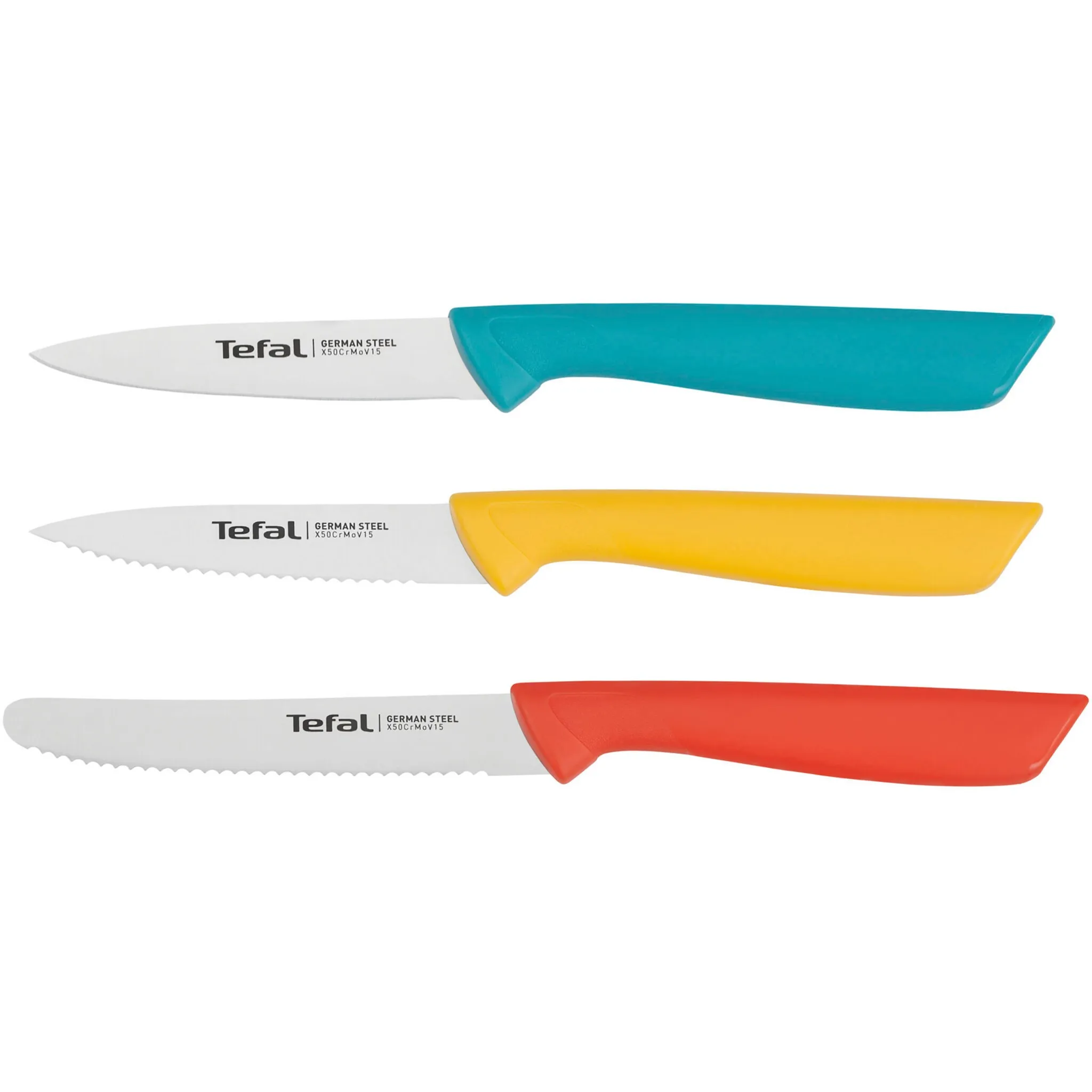 

Набор ножей Tefal «K273S3 Colorfood», (набор, 3 шт.), нержавеющая сталь, устойчивый к коррозии, эргономичный, безопасный, желтый/синий/оранжевый