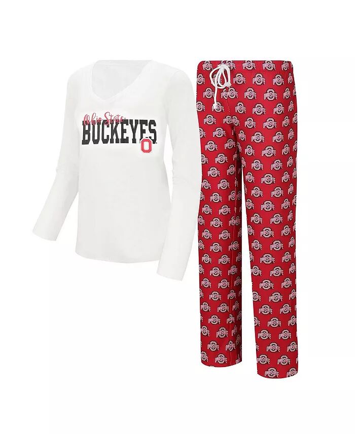 

Женская белая, алая футболка Ohio State Buckeyes с длинным рукавом и V-образным вырезом и укороченные брюки для сна Concepts Sport